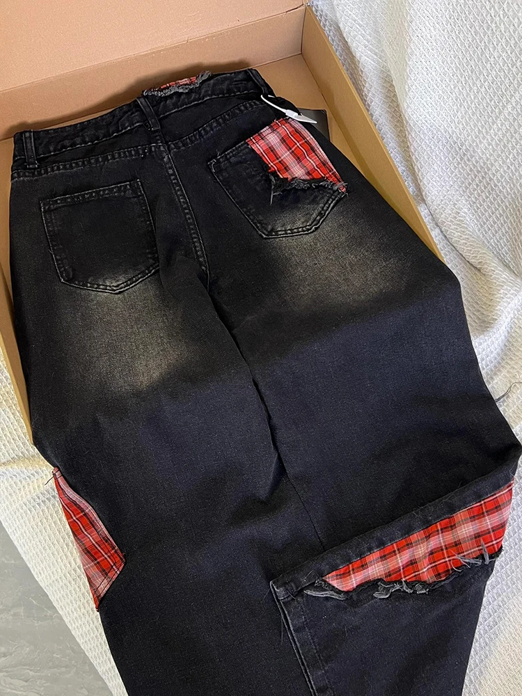 Jean taille haute à carreaux pour femmes, teinture par nouage, jambes larges, pantalon américain, petite taille, longueur au sol, printemps automne