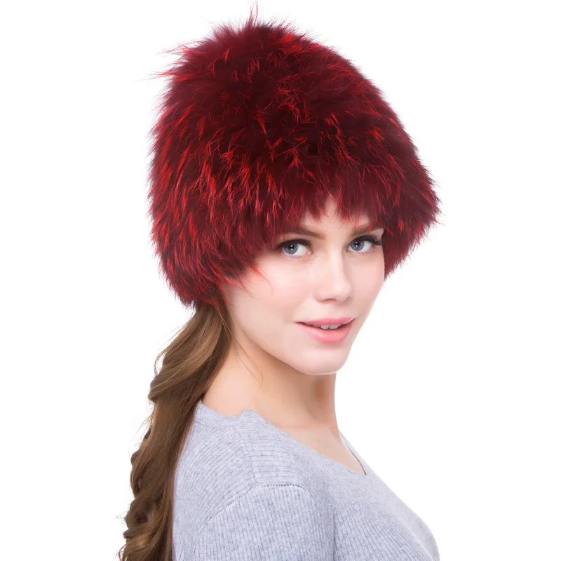 

High Quality Fox Fur Knitted Burgundy Hat for Women Fur Cap for Keeping Warm