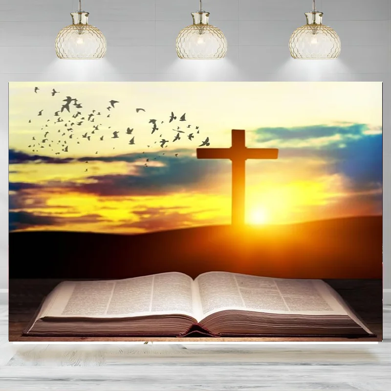 Cross Sunset Backdrop Opened Bible Book Sepulcher Pray Background Christianity Church Easter Banner Decoration Photographic