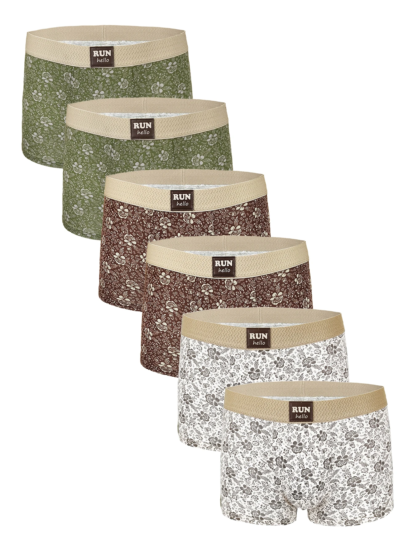

Мужские хлопковые трусы-боксеры из 6 комплектов — пояс с логотипом "RUN hello", комплект нижнего белья разных цветов с цветочным узором Ditsy