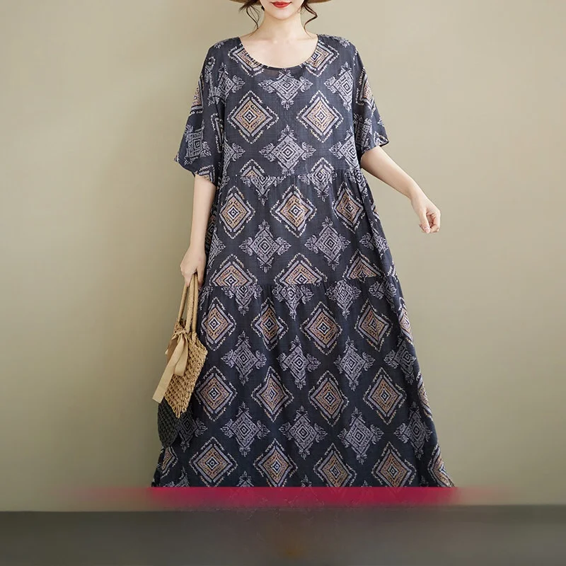 

Bohemian Loose Fit Casual Summer Dress round Neck Short Sleeve Empire Waist A-Line Midi Dress for Middle-Aged Women