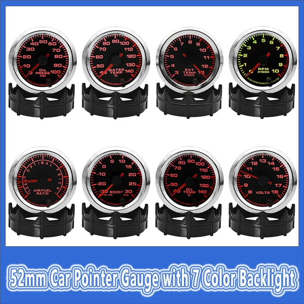 

52mm Car Pointer Gauge with 7 Color Backlight Tachometer PRM Turbo Boost Gauge Oil Temp Voltage Oil Pressure Gauge with Sensor