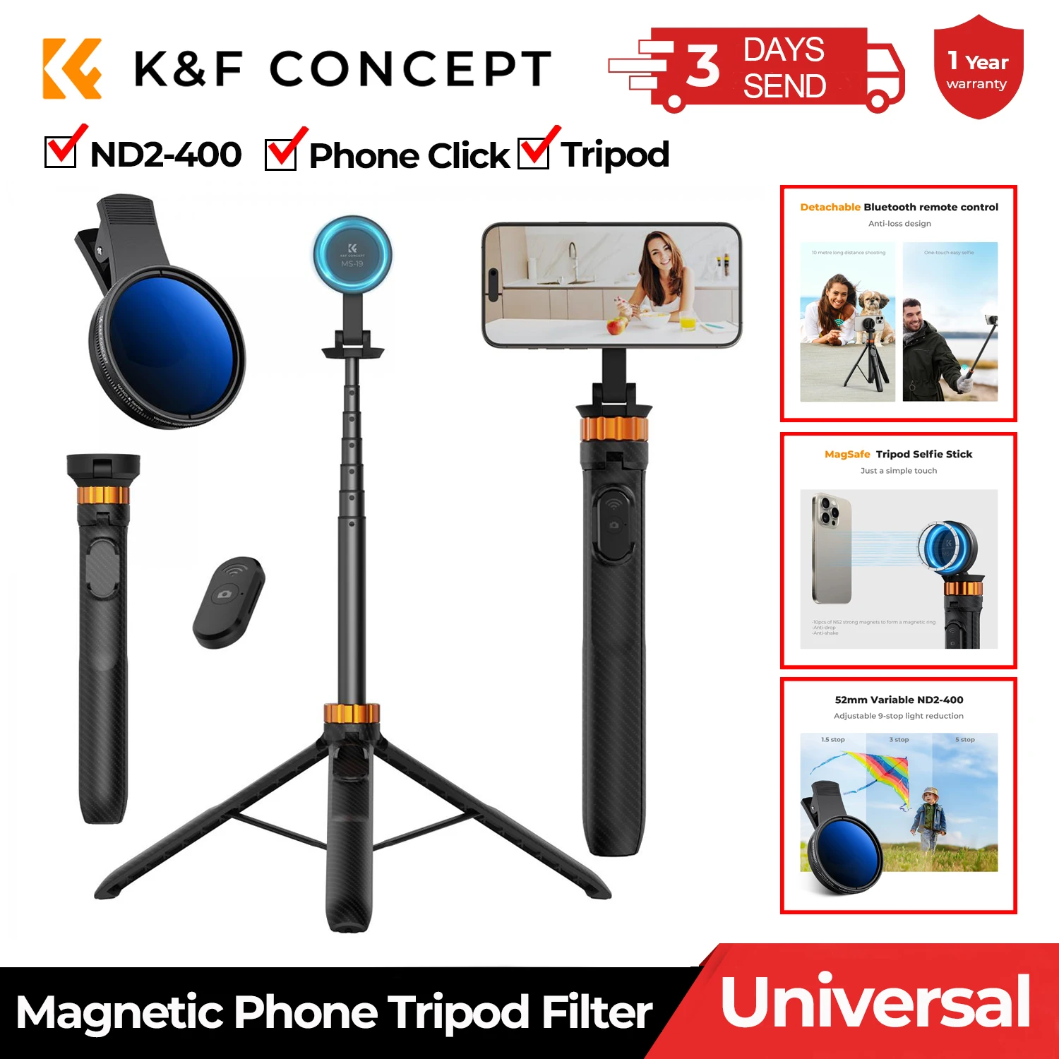 

K&F Concept Phone Tripod Filter Set 63'' Magnetic Phone Selfie Stick Tripod Clip-On ND2-400 Filter Universal Phone Accessories