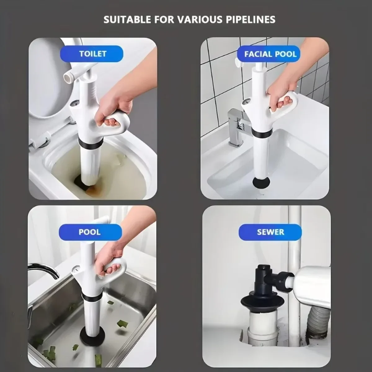 Pneumatic Pipe Unclogging Tool for Sinks, Floor Drains and Toilets, Drain Cleaning Unclogger