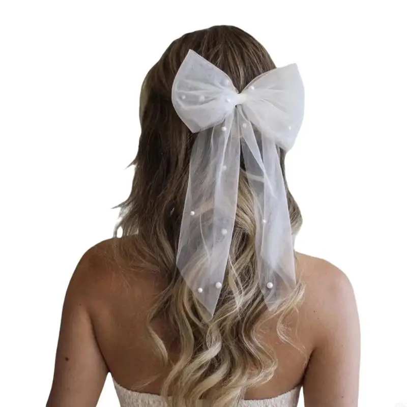39BC Bridal Pearls Veil Bride Hair Clip Ribbon Bows Elaborate Hair Accessory for Parties Proms Masquerade