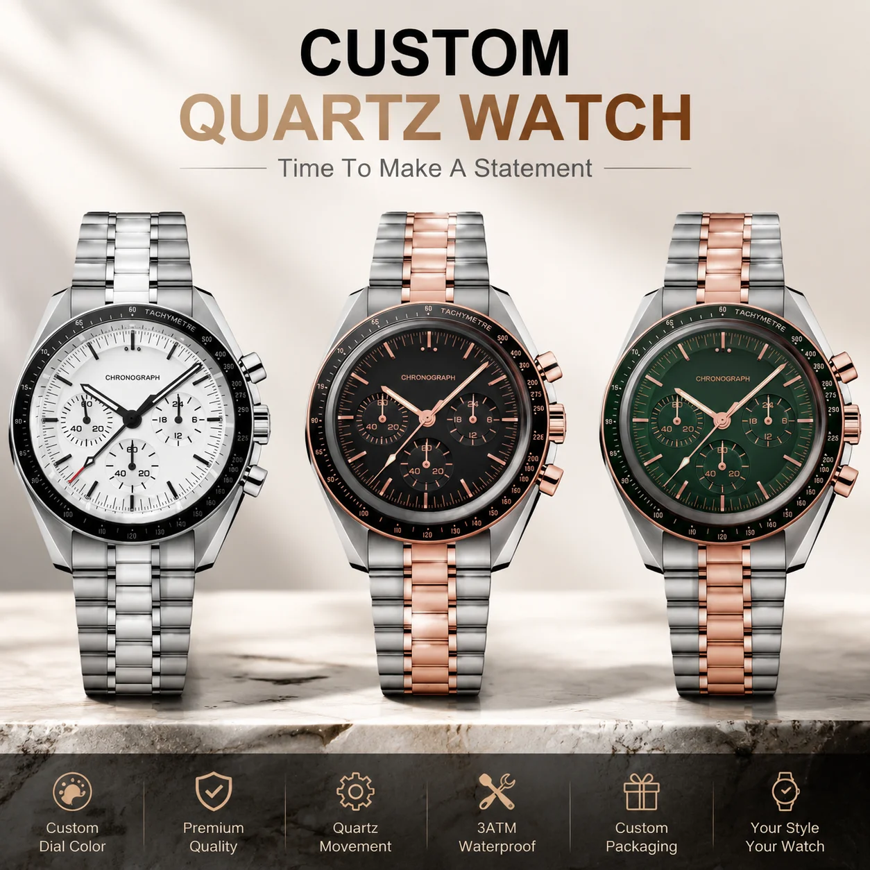 Personalized Chronograph Watch Men's Luxury Two Tone Rose Gold VK63A Quartz Watch For Men Luminous Coated Glass Steel Bracelet