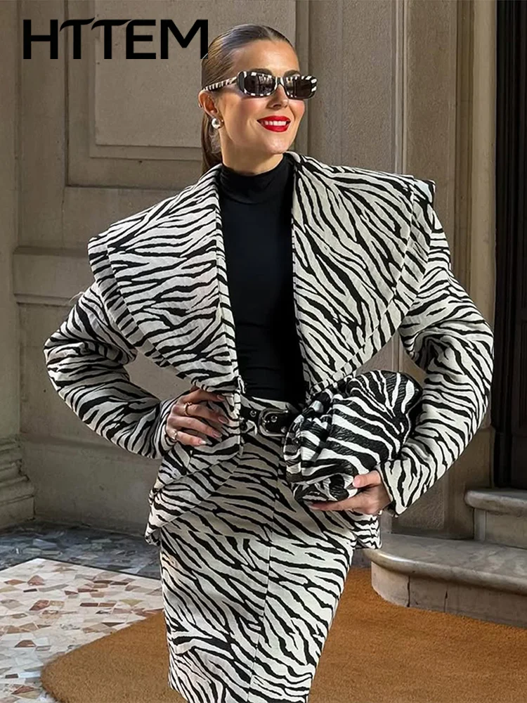 Elegant Zebra Coats Skirt Set Women Slim Lapel Long Sleeve Blazer Coats High Waist Mini Skirts Autumn Office Matching Outfits