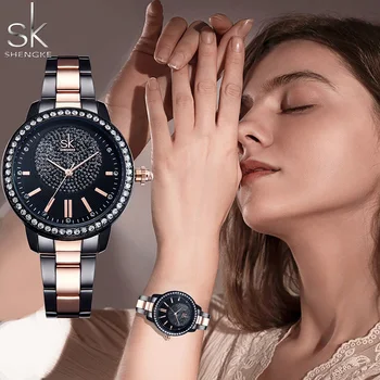 Shengke Rose Gold Uhr Frauen Quarz Uhren Damen Top Marke Kristall Luxus Weibliche Armbanduhr SK Mädchen Uhr Relogio Feminino