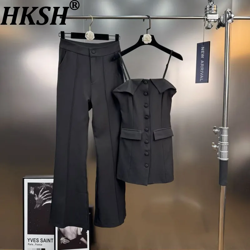 

HKSH Summer New Women Elegant Stylish Single Breasted Pockets Camisole Tops High Street Straight Pants Chic Two-piece Set HK7831