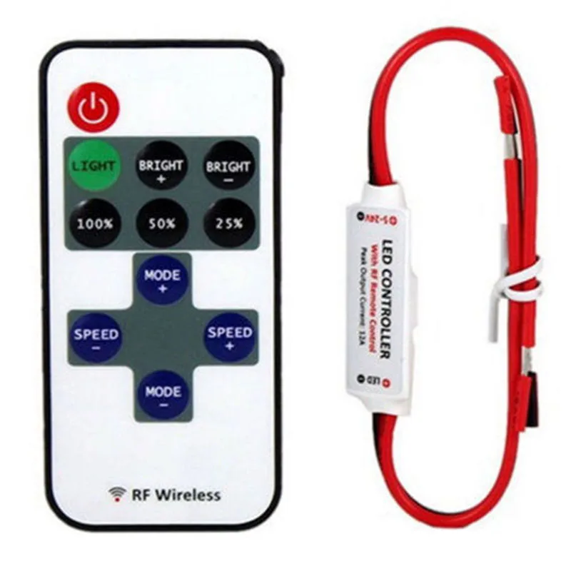 12V Inline RF Dimmer Controller for LED Strip Light with 11-Key Remote 8 Lighting Effects and Adjustable Brightness Settings