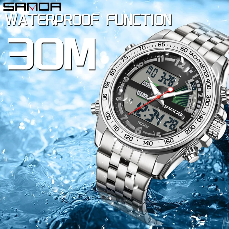 SANDA Top Luxury Men Quartz Watches Fashion Casual Sport LED Electronic Luminous Dual Display Waterproof Men Business Watches