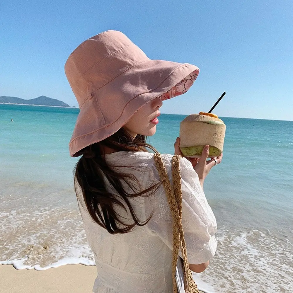 

Double-Sided Women Fisherman Hat Solid Color Flower Print Summer Sun Hat Wide Brim Sun Protection Sunscreen Visor Cap Girl