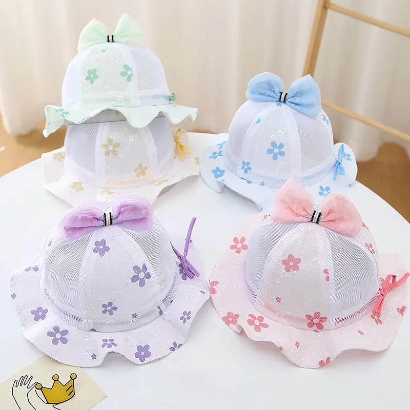 

Summer Mesh Baby Hat Sweet Flower Print Infant Girls Bucket Hats Adjustable Toddler Sunscreen Fisherman Cap