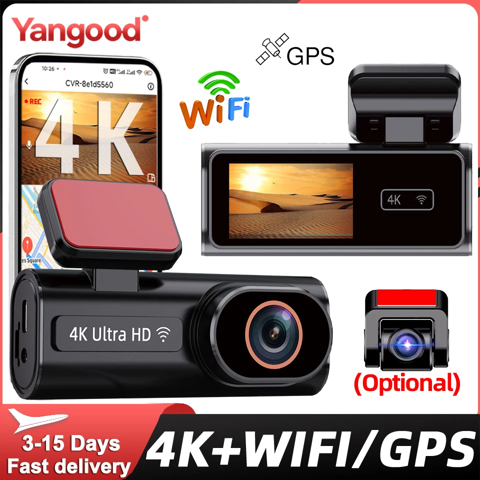 Yangood Dashcam WI-FI Car Camera 4K Front and 1080P Rear CAR DVR Support Night Vision Rear Camera Loop Recording GPS 24H Parking