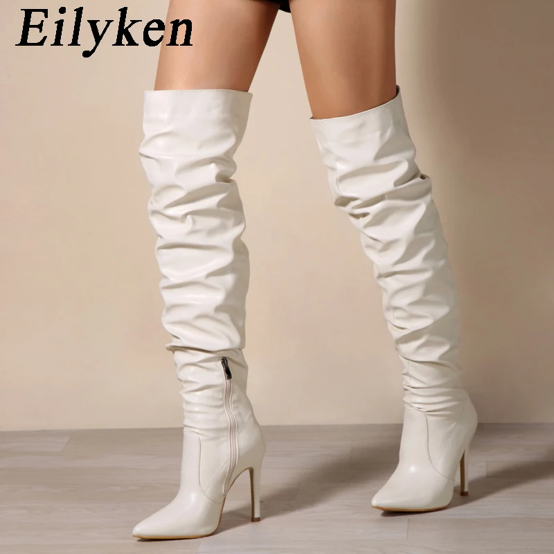 Eilyken Sexy Pleated Motorcycle Over The Knee Boots Women Fashion Pointed Toe Zipper Thigh High Long Stiletto Heel Ladies Shoes