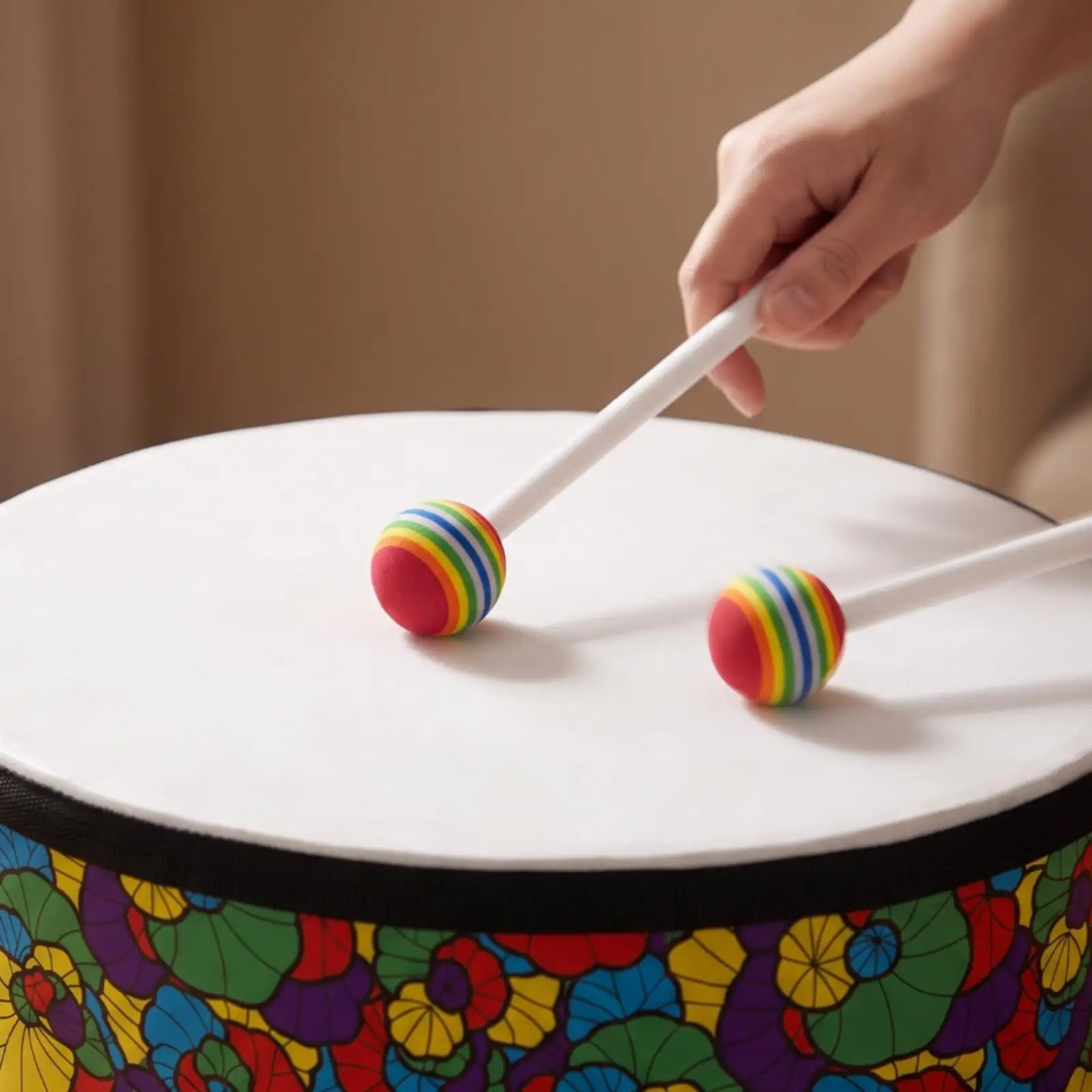Sheepskin Drum for Children Tabletop Floor Percussion with Cushioned Base Colorful Art Design 56cm