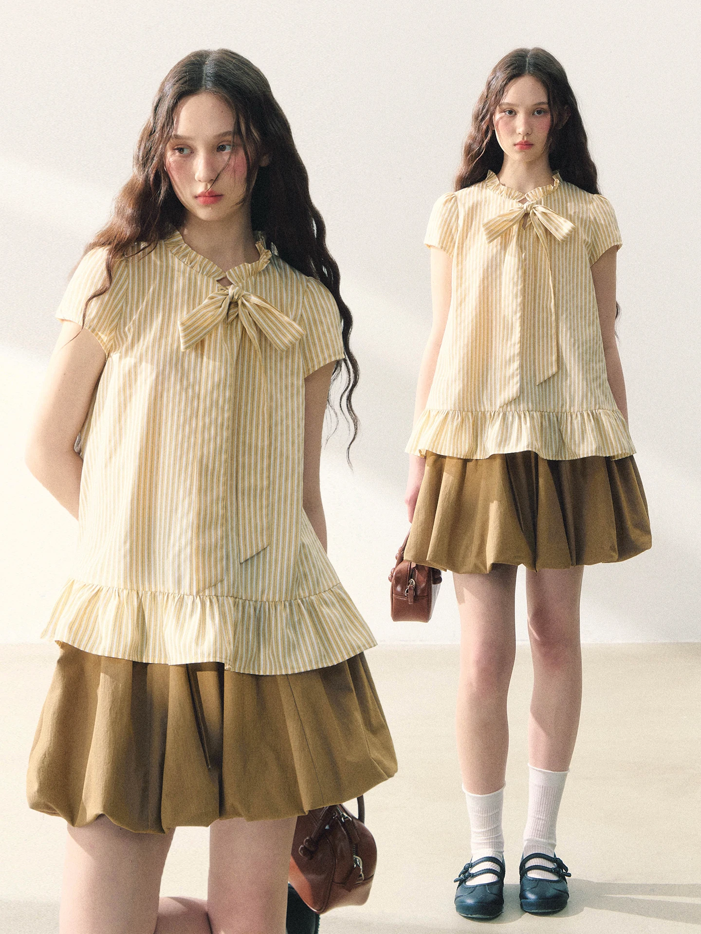 

Sweet Sle Yellow Striped Knot Sa ort Sve Summer Ruffle Vintage Girl's irt Loose Fit round Ne Regular L...