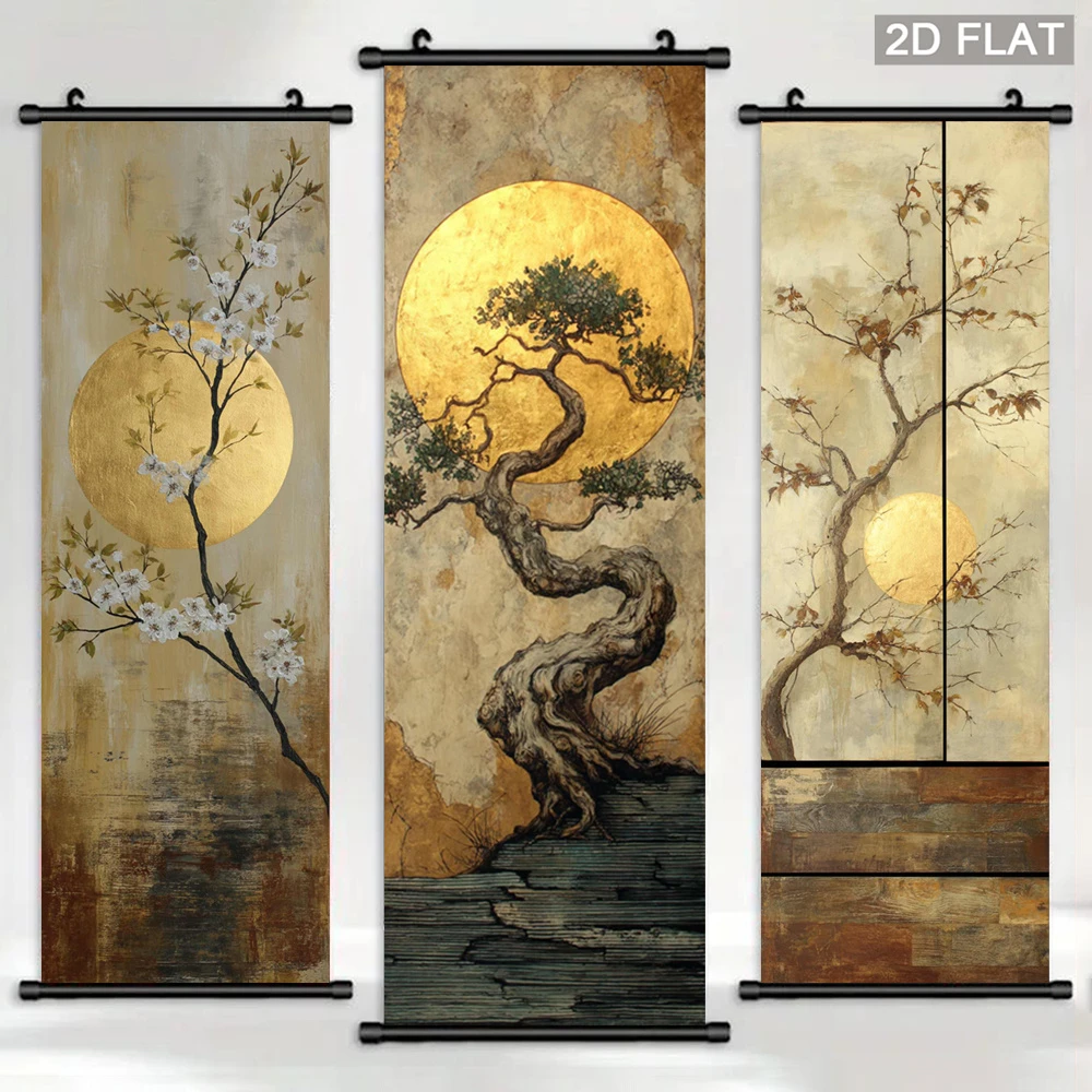 VIKAMA Gold Sun Bonsai Scroll Tapestry, Plum Blossom Landscape Wall Hanging, Zen-Style Fabric Poster for Tea Room Living Room