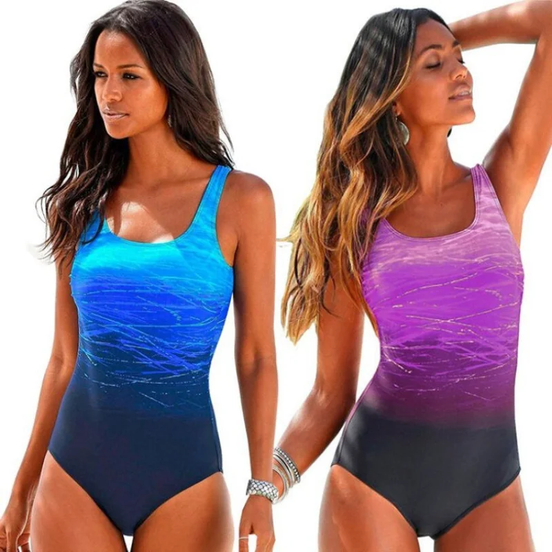 

One Piece Swimsuit Push Size Gradient Color Print Swimwear Sport Style Backless One-piece Beach Bathing Suit Sexy Bechwear Women