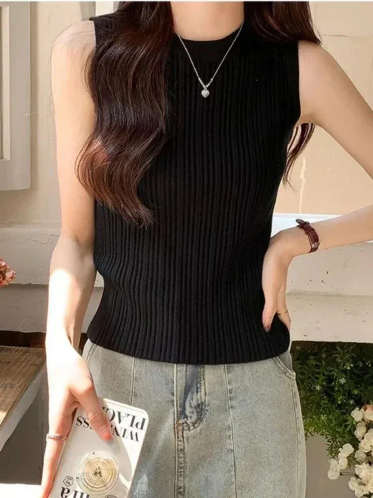 Blusa sin mangas, camisa para mujer, chaleco de punto acanalado con cuello redondo, chaleco liso, Tops de verano para mujer, Tops informales básicos, traje