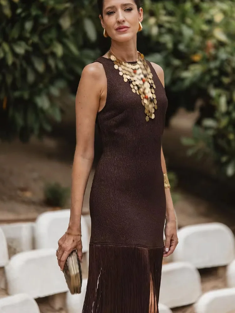 HH Women Summer Long Dress Solid O-Neck Backless Hollow Out Tassel Decoration Zipper Female Fashion Sleeveless Dresses 2025