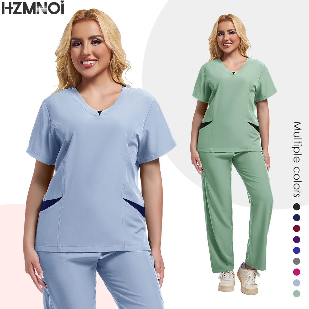 Nový křoviny uniforma oblek krátký rukáv v-neck tops+ kalhot sada kojící uniforma ženy vícebarevná zvířátko doktor drhnout medicinální workwear