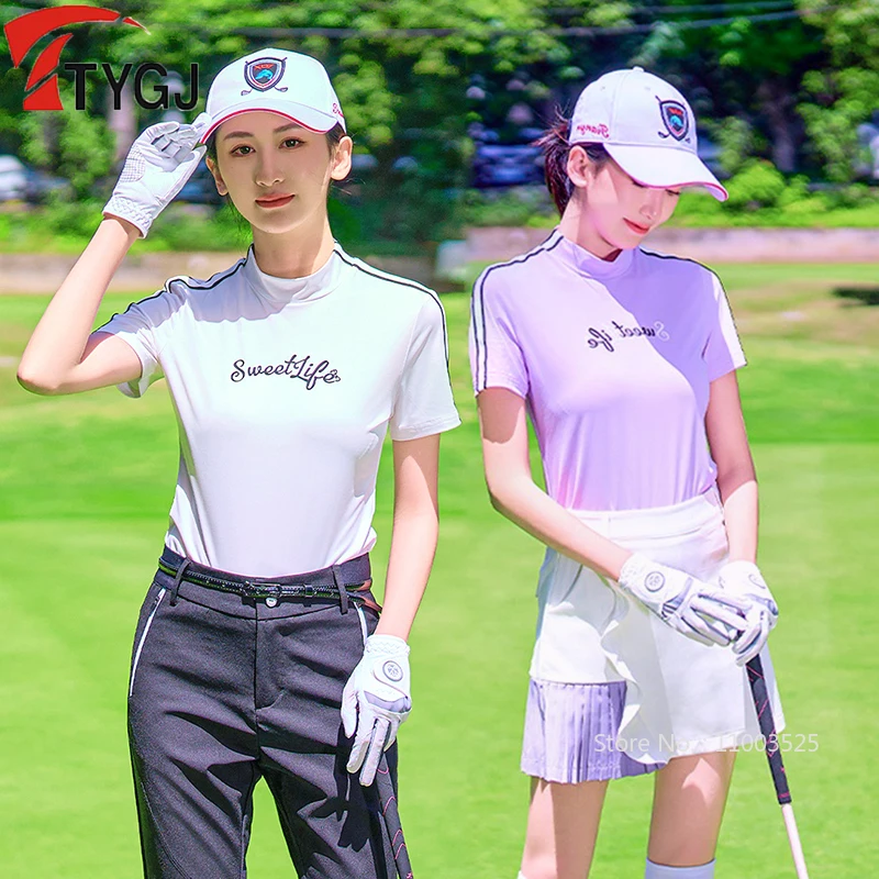 

TTYGJ 2025 New Golf Women Shirt Summer Letter Price Stand Collar Golf T-shirt Quick-Dry Breathable Golf Tops Cooling Sportswear