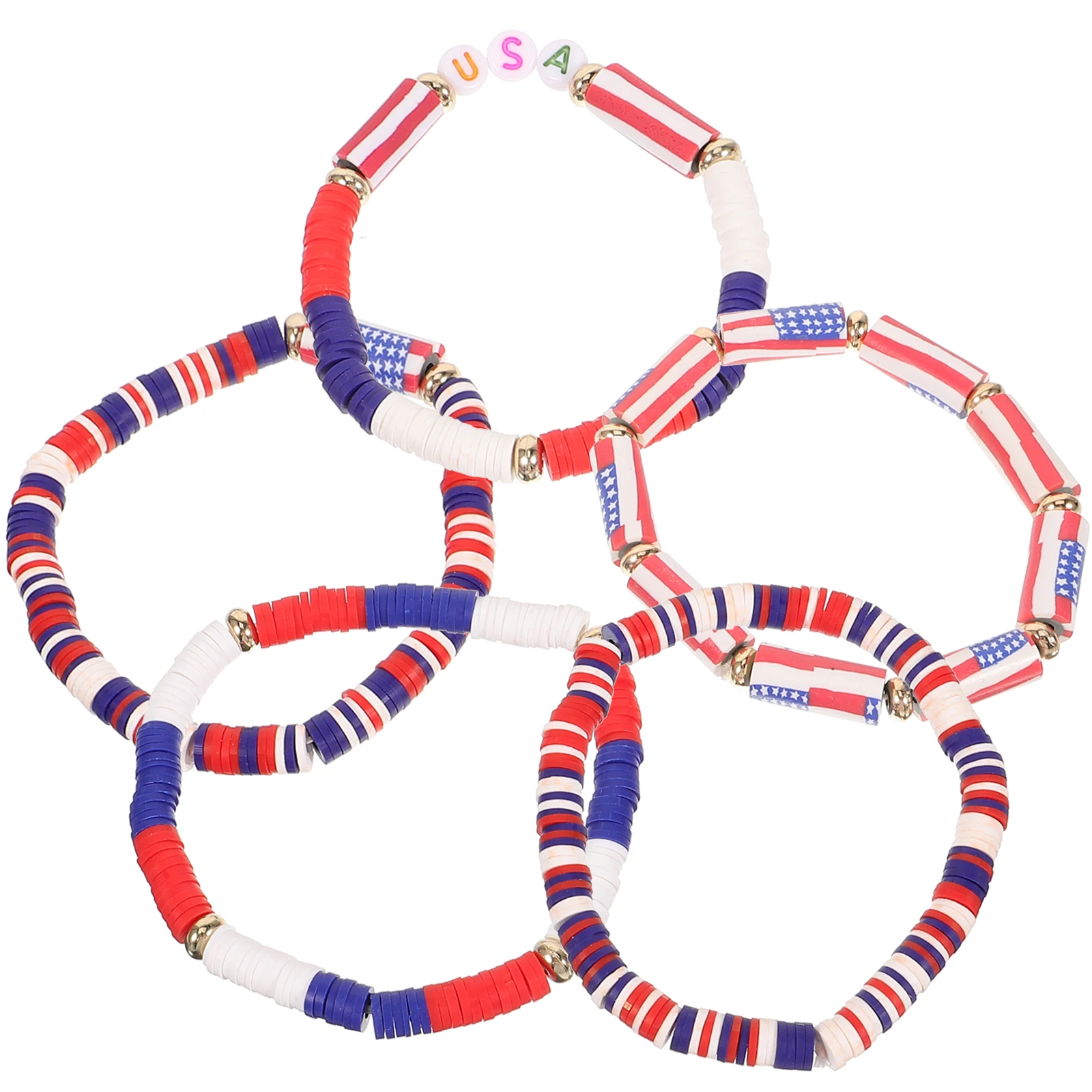 5 Buah Gelang Bendera Set Manik Merah Putih Biru Gelang Perhiasan Dapat Ditumpuk Elastis Pesta Hari Kemerdekaan Wanita untuk Hadiah Wanita