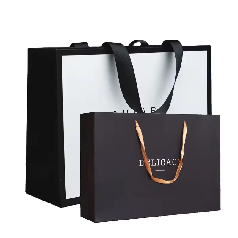 

500pcs/Lot Wholesale Customized Logo Print Luxury White Cardboard Shopping Paper Bags With Ribbon Handle For shoes and clothing