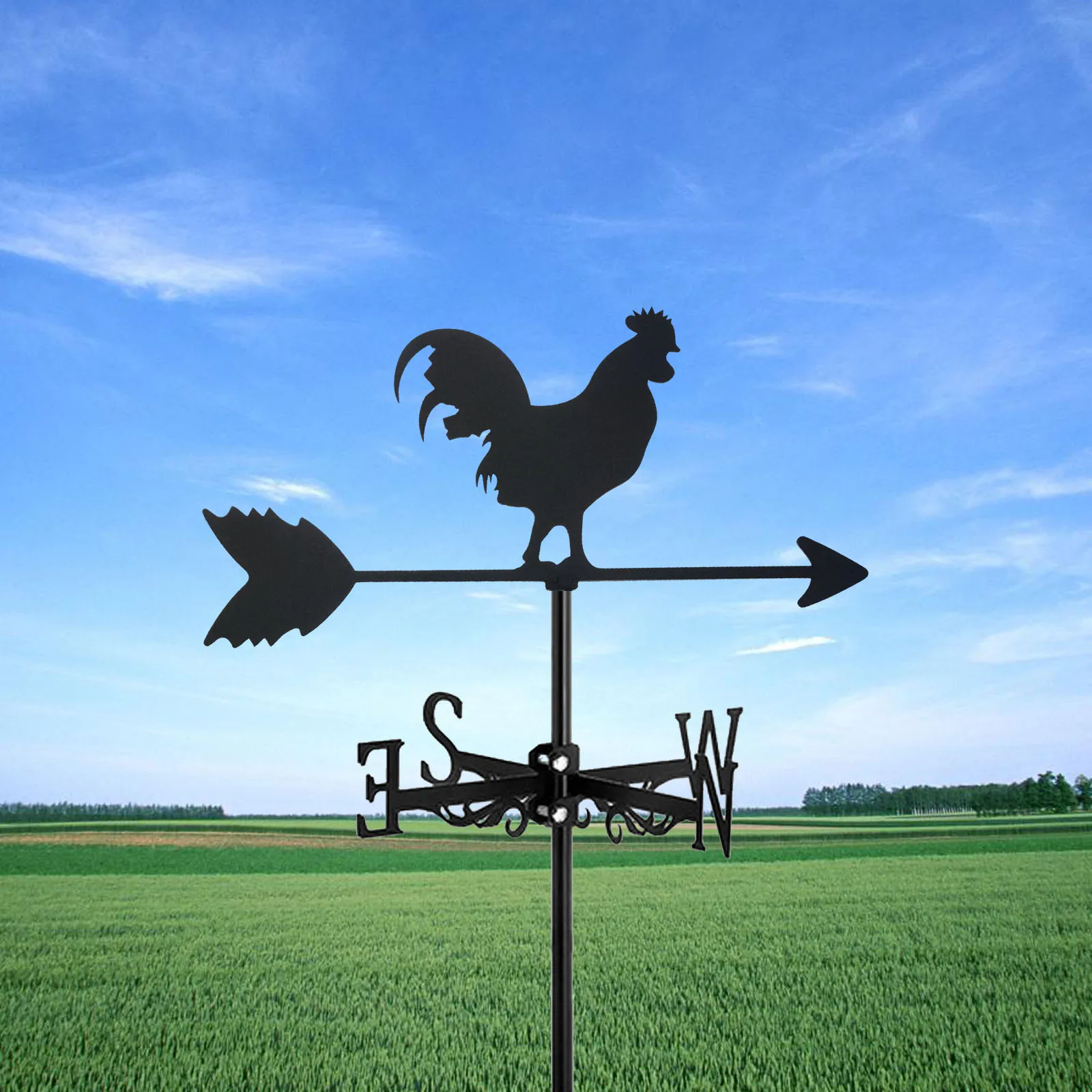 Rooster Cock Weathervane Silhouette Art Black Metal Chicke Wind Vanes Outdoors Decorations Garden for Roof Yard Building