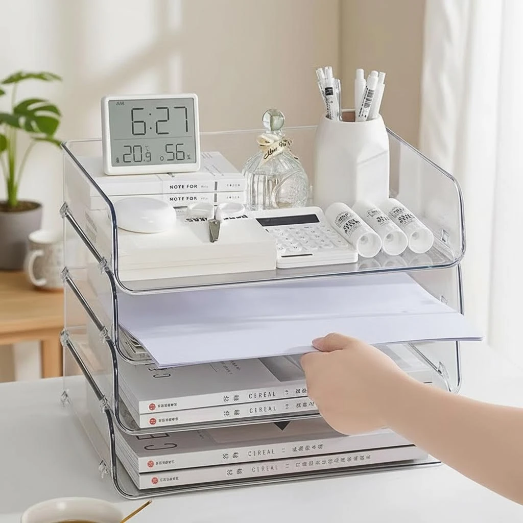Transparent Desktop File Tray Stackable Large Capacity Stationery Book Storage Rack Jewelry A4 Paper Organizer Home Office