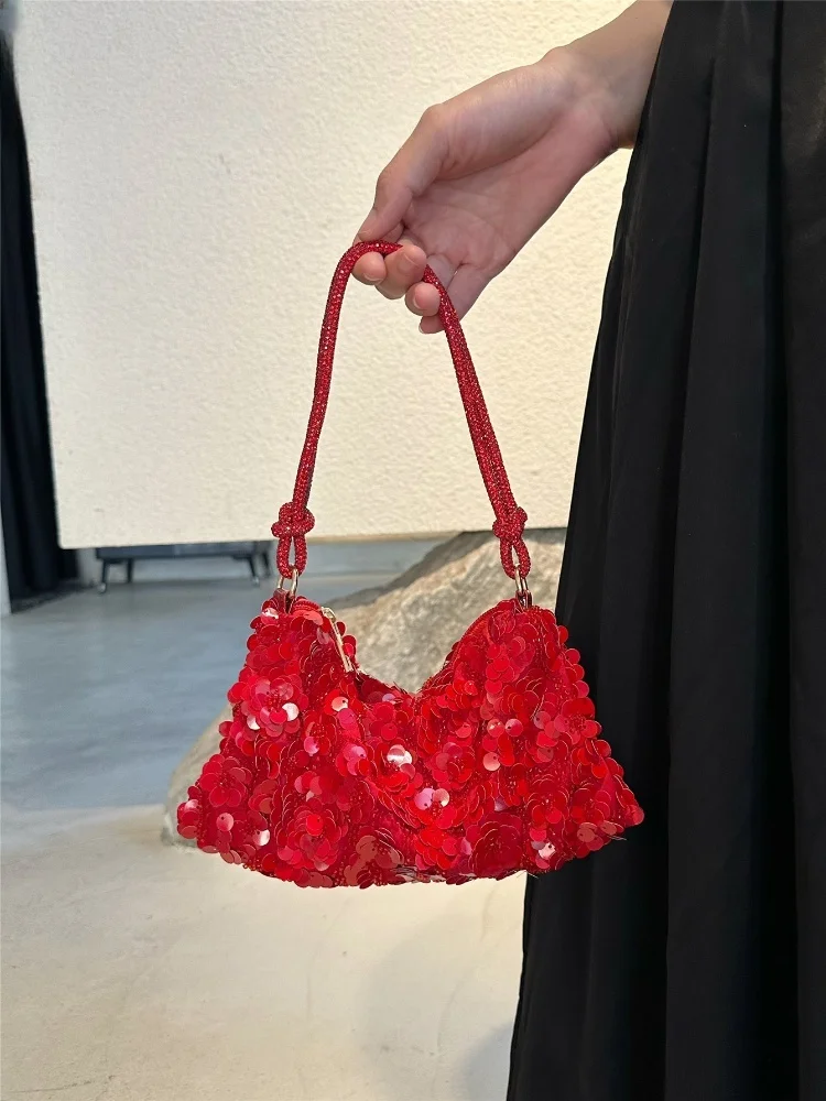 2025 New Luxury Designer Mini Shining Sequins Shoulder Bags for Women Fashion Red Flowers Sequins Handbag Versatile Party Purses