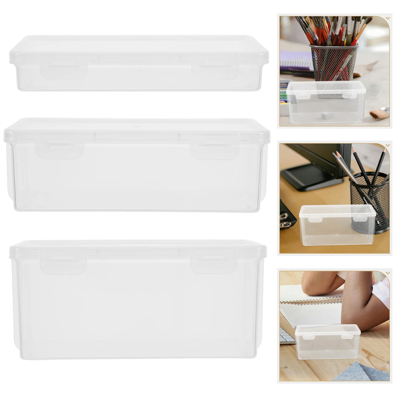 

3Pcs Transparent Pencil Box Stackable Design Hard Plastic Storage Case for School Stationery Craft Supplies Office Organization