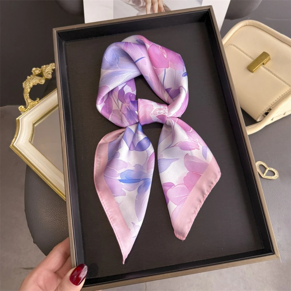 

Новинка 2026 года, шелковые квадратные шарфы с цветочным принтом для женщин, украшенный галстуком, платок, женский летний пляжный хиджаб, женский шейный платок, накидки