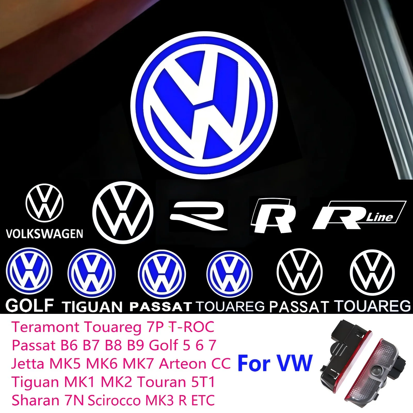 LED Car Door Logo Light Projector For VW R line GTI Golf 7 6 5 Jetta Touran Teramont EOS Touareg T-ROC Arteon Passat CC Magotan