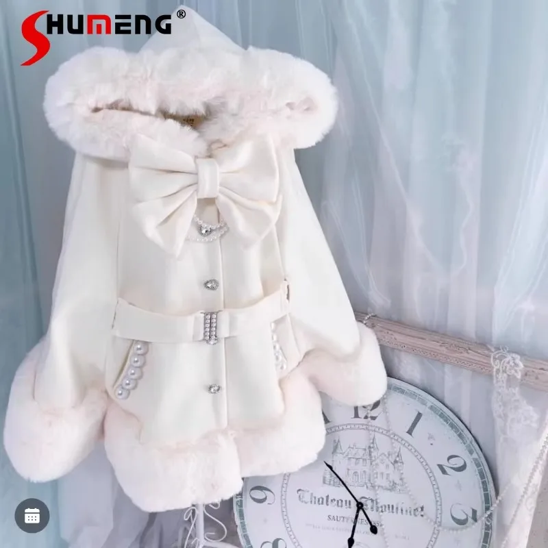 2024 Winter New Loose Coats Super Beautiful Gorgeous Fur Cape Coat Women's Clothing Kawaii Bow Chic Cloak Japanese Woolen Jacket