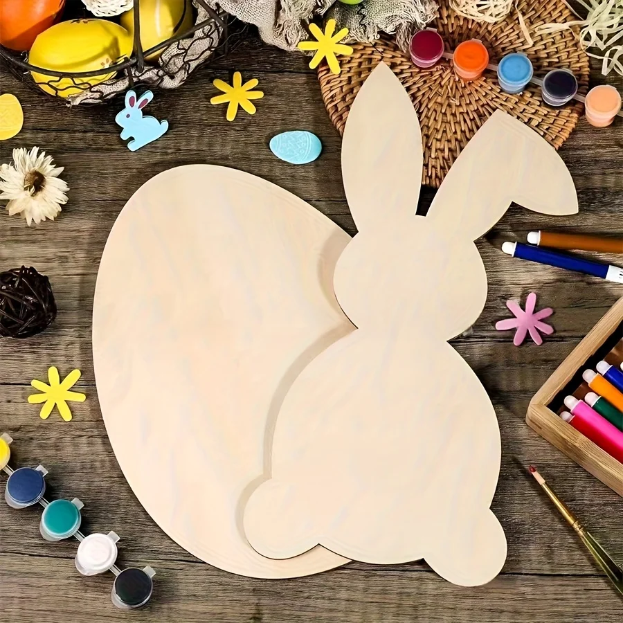Wooden Rabbit Easter Egg Set Painting Doodle Decorative Holiday Ornaments for Birthdays and Wedding Themed Party Decorations
