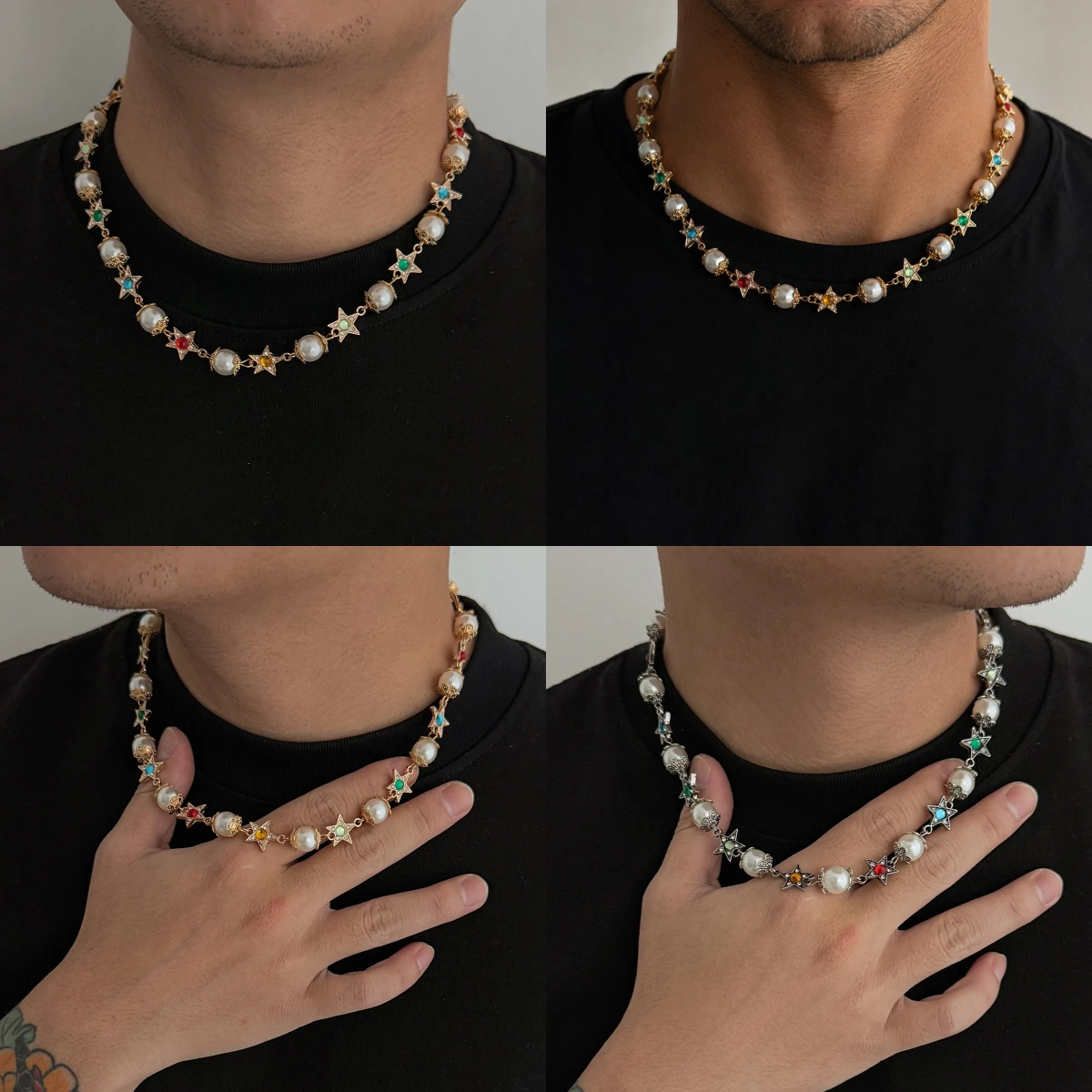Cross border fashion diamond studded five pointed star necklace for men, niche high-end pearl collarbone chain jewelry