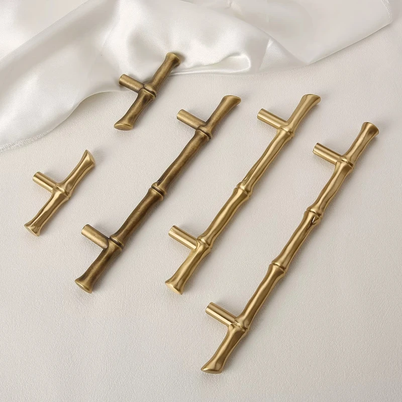 Nordic Bronze Bamboo-shaped Furniture Handle Solid Brass Kitchen Cabinet Pull Cupboard T Bar Handle for Bedroom Vintage Knobs