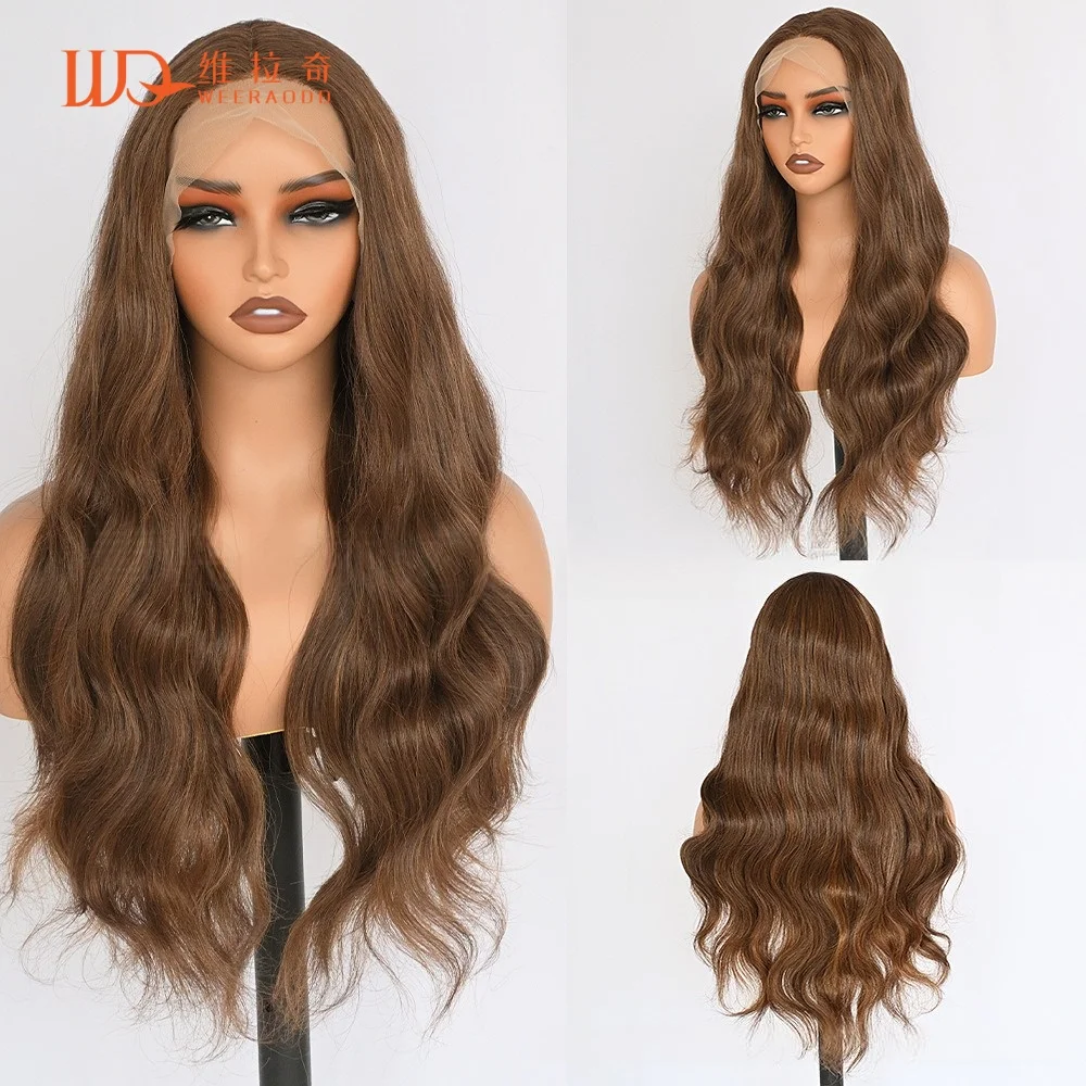 28 Inch Body Wave Chocolate Brown Lace Front Wig for Women Glueless Heat Resistant Synthetic T Part Wig 150% Density Daily Wear