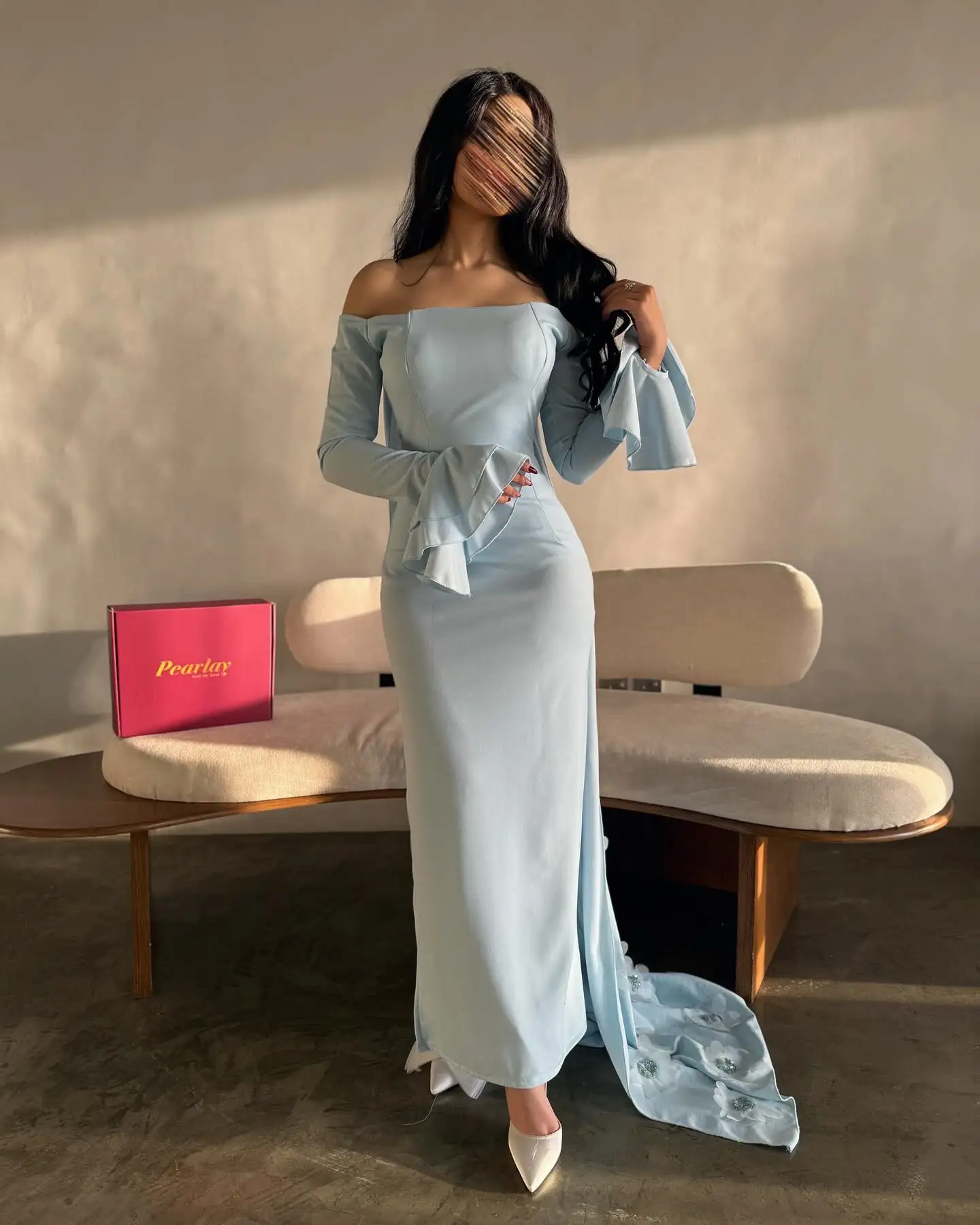 

Customized Jersey Straight Off the Shoulder Appliques and Crystal Evening Dress Strapless Floor Length Long Sleeves Panel Train