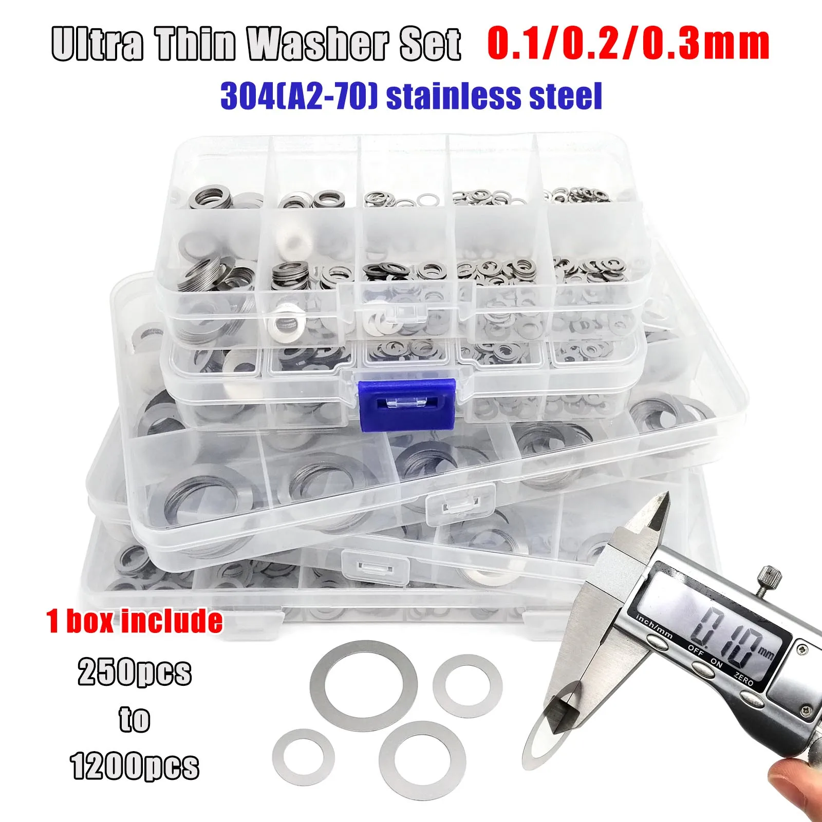

1 Box Ultra Thin Adjusting Shim Washer Mix Sizes 0.1mm 0.2mm 0.3mm M3 to M20 Ultrathin Flat Gasket Kit Set 304 Stainless Steel