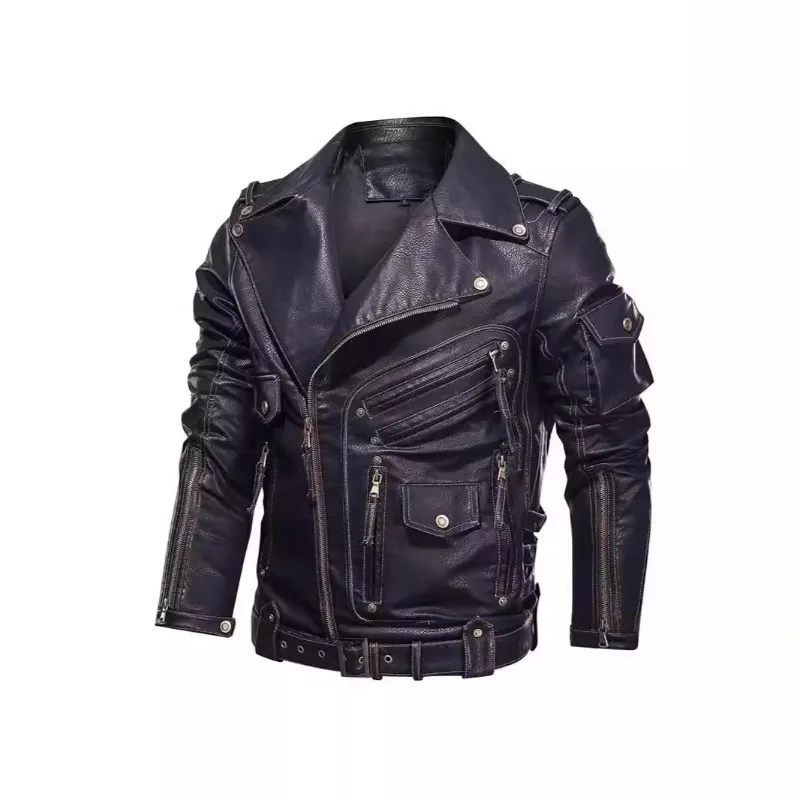 

Men Faux Leather Coats Winter Outdoor Windproof Motorcycle Jacket Spliced Multi-pocket Designs Lapels Buttons Zip Men's Clothing
