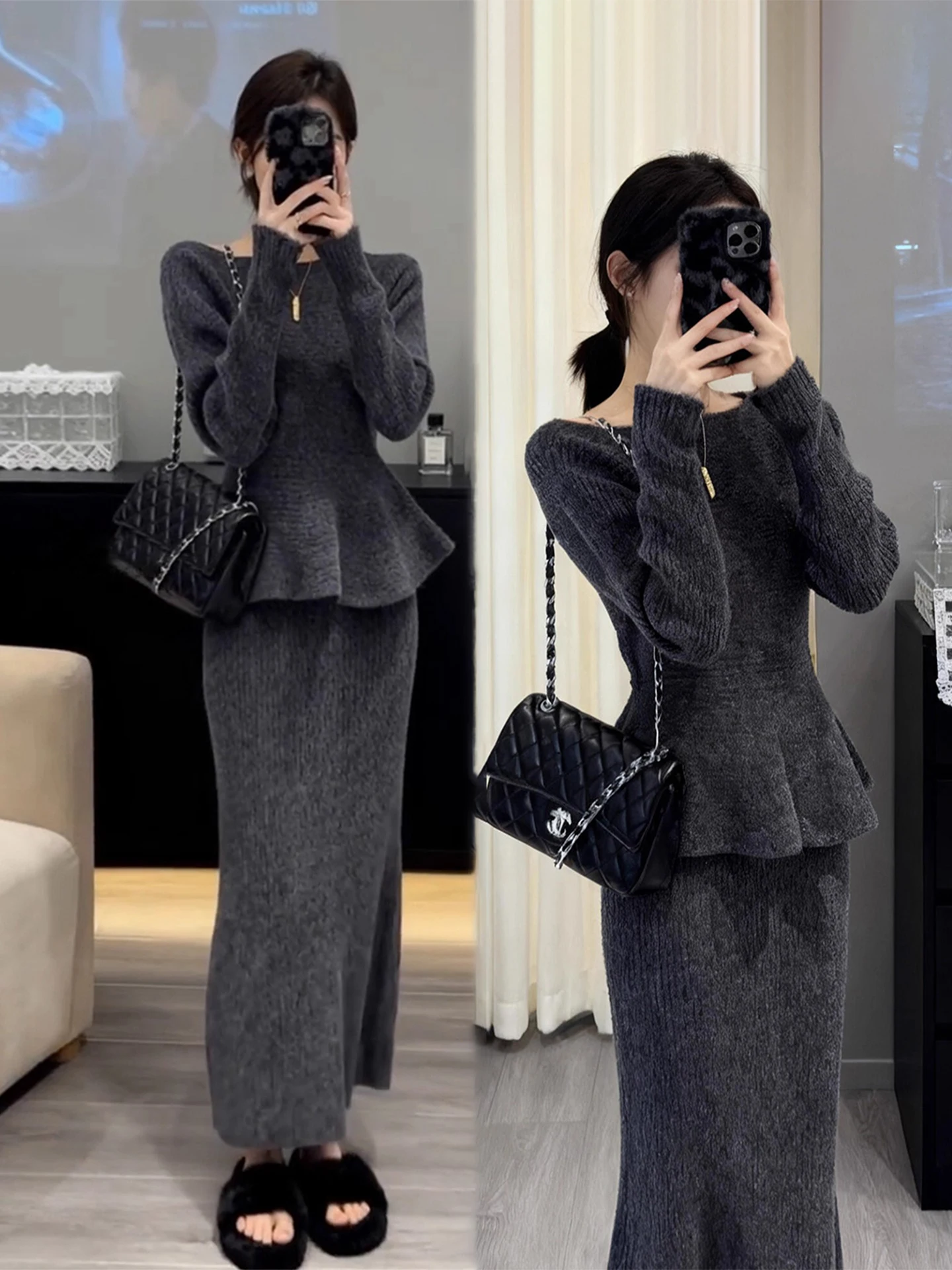 

Fall Winter Knitted Sweater And Skirt Set plus Size Women's Faion High Waist Warm Casual Date Suitable Two-Piece Ensemble