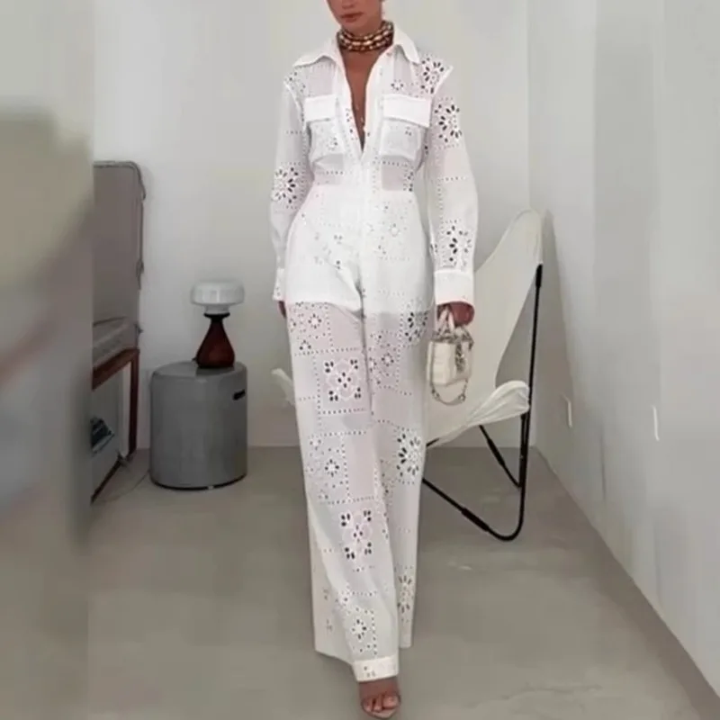 

Элегантный белый комбинезон с вышивкой и ажурным узором – комбинезон с длинными рукавами, воротником с лацканами и широкими штанинами для женщин, повседневная одежда для пляжа и вечеринок