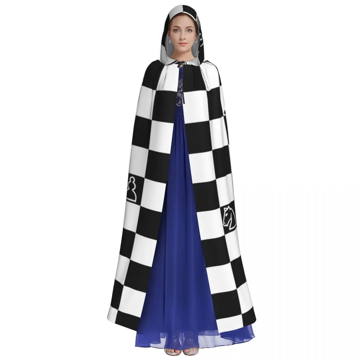 Black And White Chess Long Hooded Cloak Witch Medieval Costume Cosplay Cape HalloweenCoat Adult Unisex
