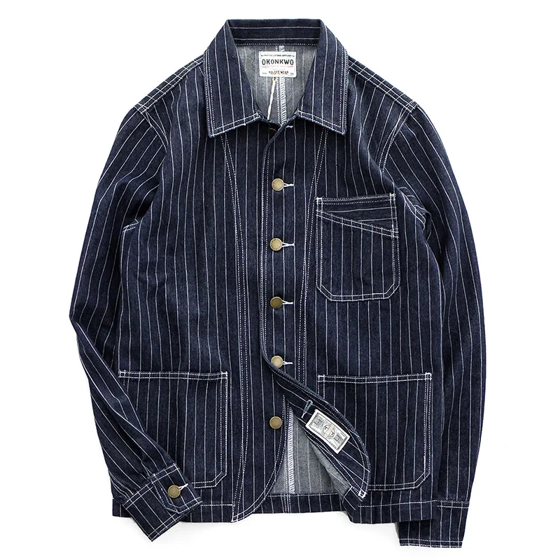 

Japanese Cut Workwear Shirt Amekaji Wear Clothes Vintage Heavy Primary Color Striped Lapel Denim Jacket Coat Men