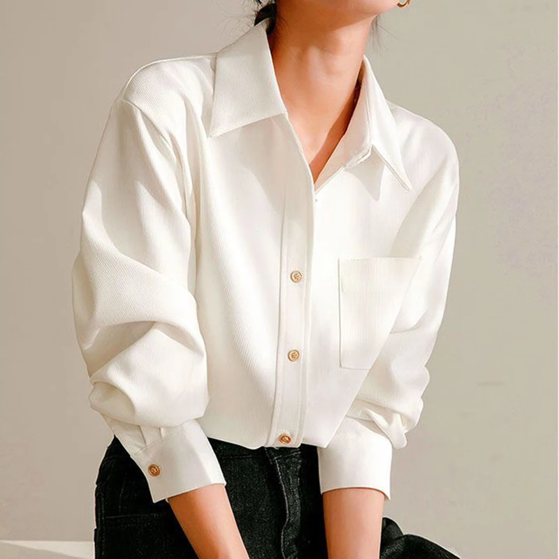 Camisa blanca francesa de manga larga para mujer, blusa holgada doblada de pana cepillada para primavera y otoño 2023