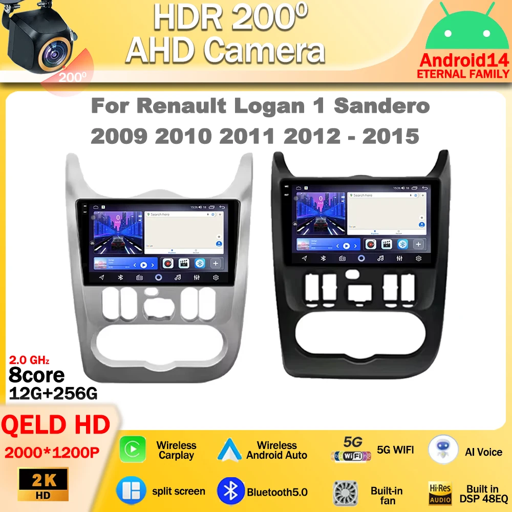 Android 14 Car Radio Leitor Multimédia, Carplay Stereo, Renault Logan 1, Sandero 2009, 2010, 2011, 2012-2015, Largus, Dacia, Duster