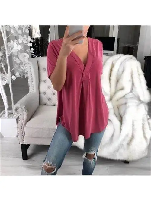 

Loose Large Size Women's V-Ne ort-Sved irt Comfortable Home Wear Eighteen Pants Thi Fabric Autumn Season Suitable